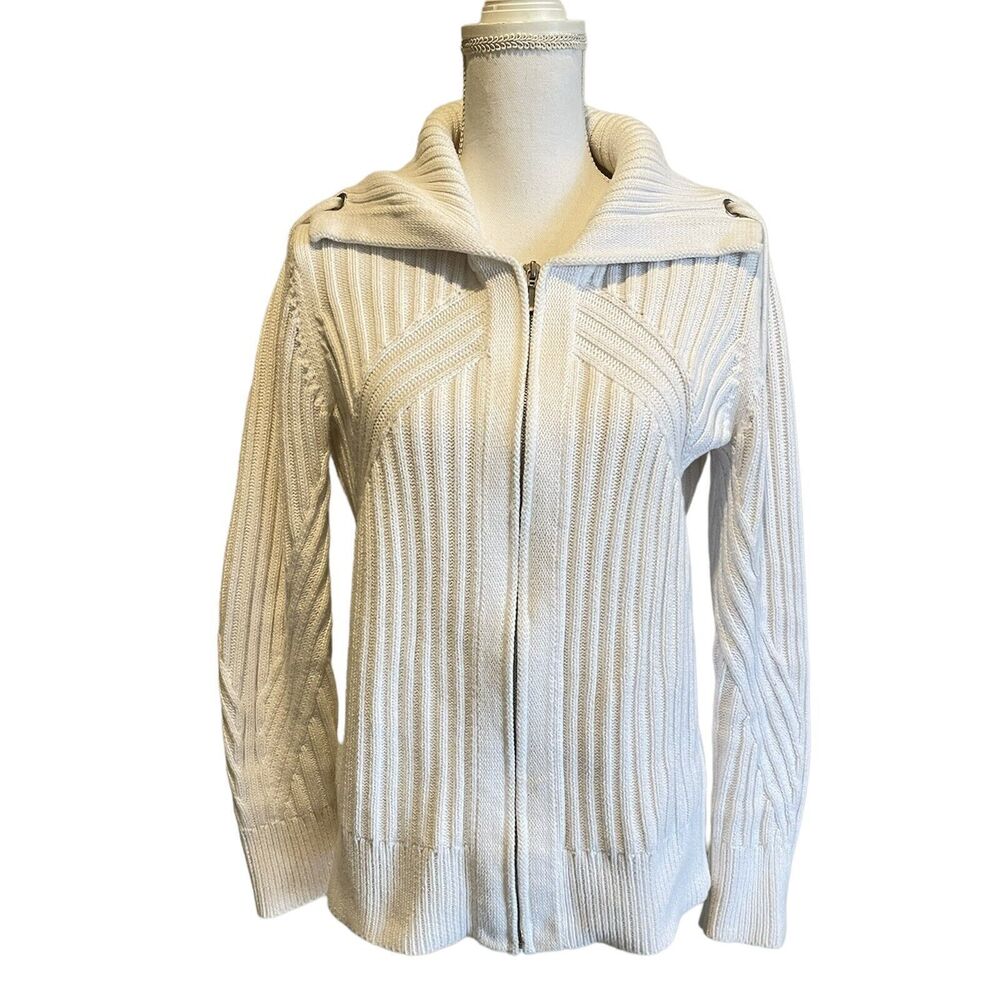 Chico's Women's M (1) White 100% Cotton Full Zip Cardigan Sweater